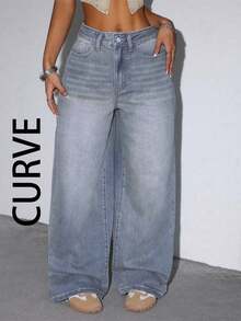 PLUS SIZE Women's Casual Loose-Fit Wide-Leg Denim Pants With Pockets For Daily Wear