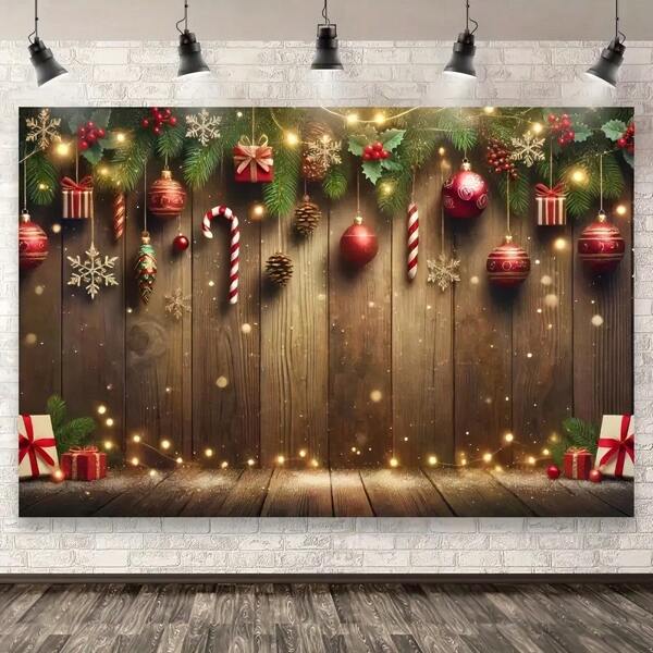 1pc Charming Christmas Party Photography Background Cloth, With Wooden Accents, Red Decorations, Snowflakes, Pinecones And Candy Canes - Perfect For Winter Holiday Photography And Seasonal Events,Home Decor,Room Decor