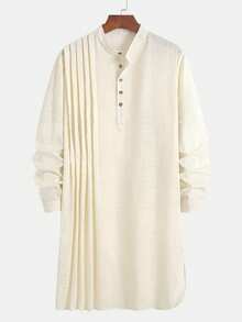 中东风格男士纯色半透明长袍，竹节结领，右前片褶裥设计，经典纽扣细节，适合休闲、通勤、居家穿着，简约时尚新款长袍