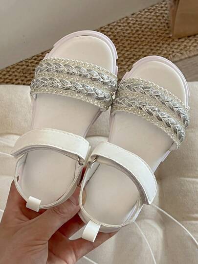 "2025 Girls Summer Custom Sweet And Spicy Style Children's Pearl Sandals! All-White Woven Straps For Easy Cleaning! Sponge Base For Anti-Slip And Height-Increasing! Suitable For Both Daily And Party Wear For 3-12 Years Old!"