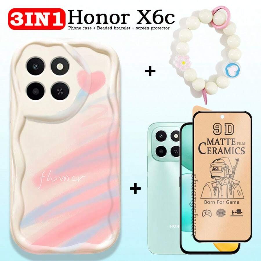 Ốp lưng điện thoại chống rơi màu kem với kính cường lực, màng phủ mờ mềm mại, kèm dây đeo hạt, tương thích với Honor X6C, cũng phù hợp với Honor 400 Lite và Redmi 14C.