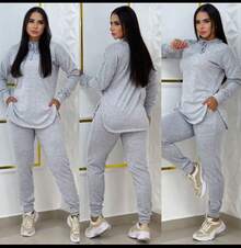 Women's Lanzinha Set, Blouse And Pants, Simple Casual, Knitted Fabric, Pocket, , Home, Night, Street - 淺灰色 - 查看 1