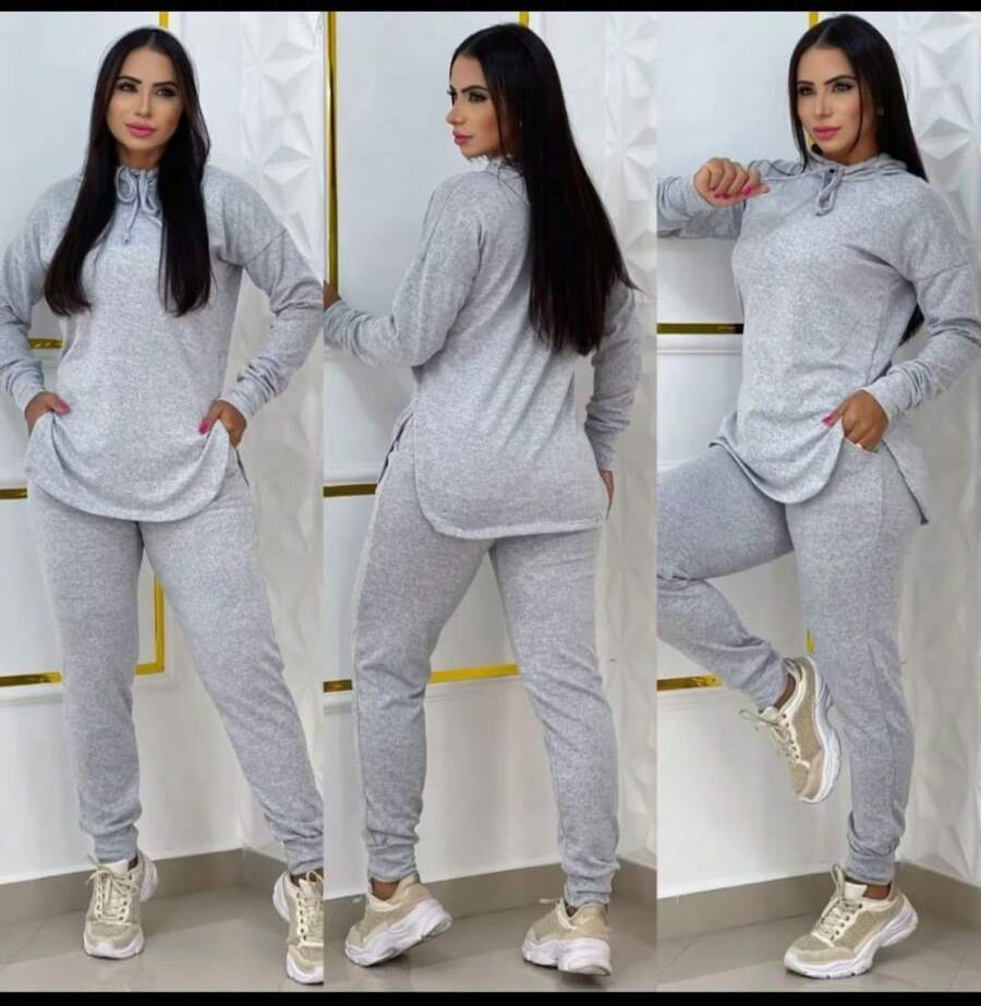 Women's Lanzinha Set, Blouse And Pants, Simple Casual, Knitted Fabric, Pocket, , Home, Night, Street - 淺灰色 - 查看 1