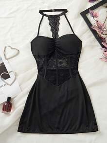 女士黑色睡衣，撞色蕾丝，细肩带，露背透视，性感内衣，黑色连衣裙，黑色睡衣，性感内衣连衣裙 - 黑色 - 查看 6