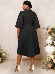 蕾丝褶皱连衣裙半灯笼袖镂空优雅中长款婚礼宾客、毕业典礼服装 - 黑色 - 查看 3