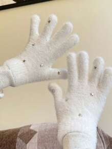 1 par de guantes sin dedos mullidos de unicolor para mujer, calentadores de muñeca de punto, adecuados para el calor diario de invierno en deportes al aire libre