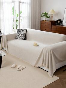 1 pieza Funda de sofá de chenilla beige con flecos, diseño resistente a arañazos para mascotas, lavable a máquina, antideslizante, adecuado para sala de estar, dormitorio, oficina, decoración del hogar, se ajusta a sofás de 1/2/3/4 plazas (disponible en varios tamaños), decoración de otoño - Beis - Ver 7