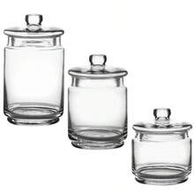 Set de 3 tarros de boticario de vidrio con tapas para almacenamiento de baño, portamanto de algodón Qtip, perfecto para organización de escritorio de maquillaje de lavandería, Sets de recipientes de cristal transparente - Claro - Ver 1