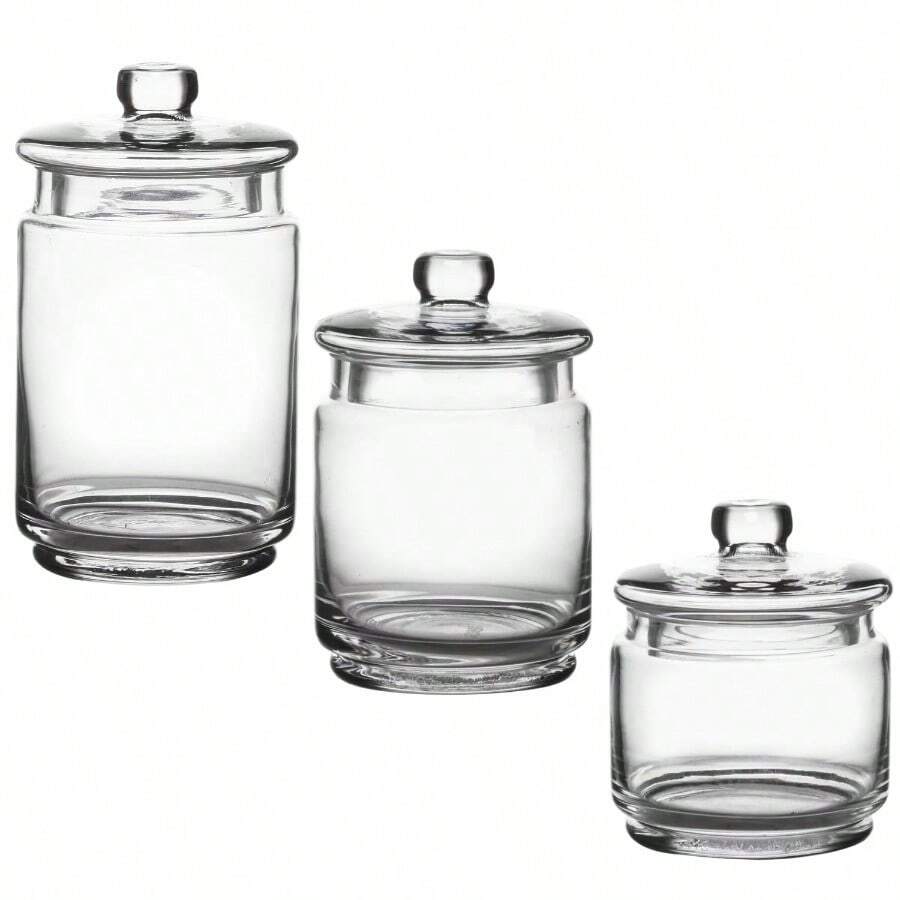 Set de 3 tarros de boticario de vidrio con tapas para almacenamiento de baño, portamanto de algodón Qtip, perfecto para organización de escritorio de maquillaje de lavandería, Sets de recipientes de cristal transparente - Claro - Ver 1