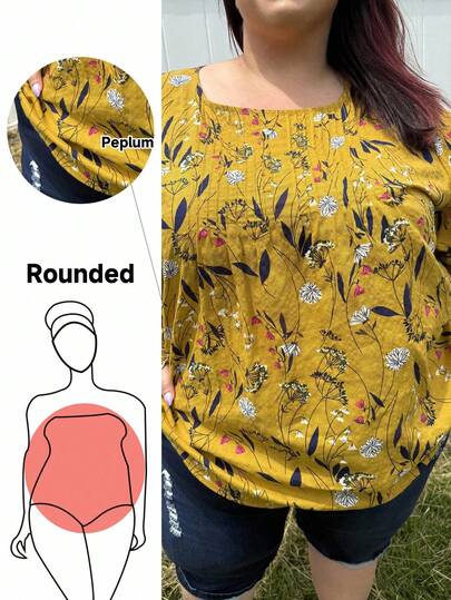 Enliva Jennifer_samantha_style Plus Women's Vacation Floral Print Round Neck Long Sleeved Loose Shirt Tops, For Apple Rounded Body Shape