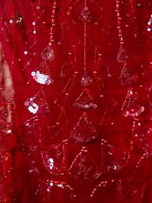 雪纺 V 领无袖连衣裙配蕾丝披肩，圣诞晚礼服配免费披肩 - 紅色 - 查看 7