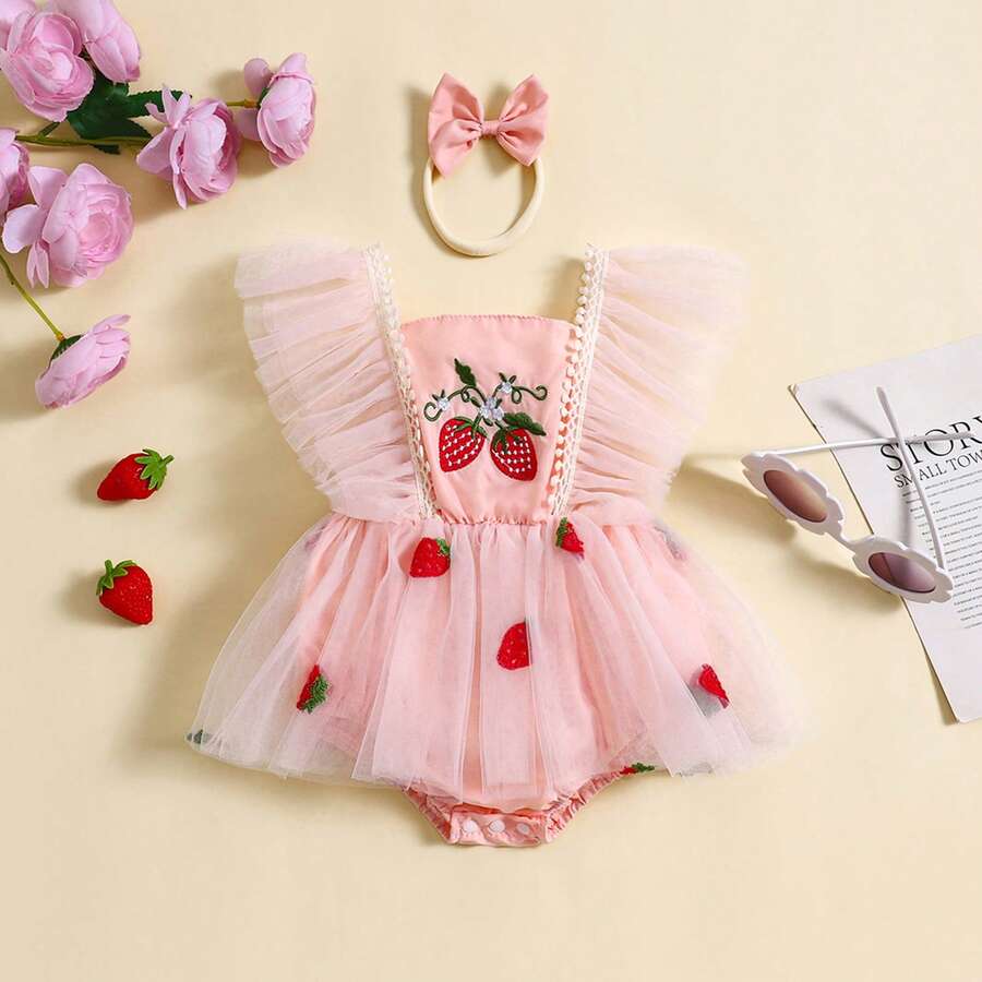 Baby Girls First Birthday Outfit 1st Birthday Party Dress Newborn Fairy Tulle Tutu Romper Dress Floral Embroidery Bodysuit Cake Smash Dresses - Pink Strawberry - 查看 1