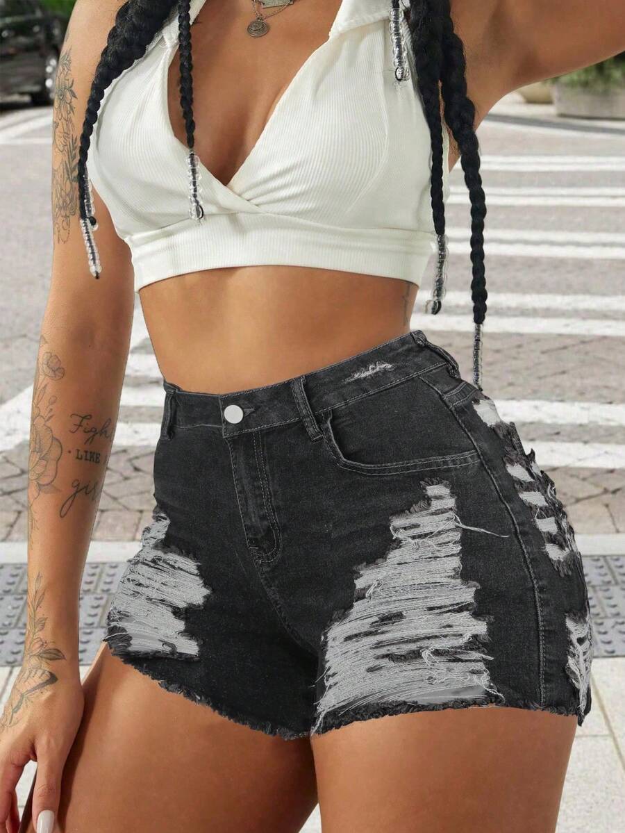 Rave Y2K 街头风高弹力斜插口袋做旧毛边牛仔短裤，修身夏季沙滩约会休闲牛仔短裤，女款