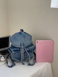 时尚牛仔背包，多功能休闲背包，适合旅行、上学和日常使用 - 藍色 - 查看 4