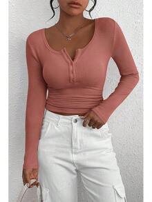 Women's 2026 Fall Long Sleeve Henley T Shirts Button Ribbed Knit Slim Fit Basic Tops Blouse Casual Outfits/Vacation Outfits Women/Valentine Outfits For Women - Màu hồng thạch nam - Xem 7