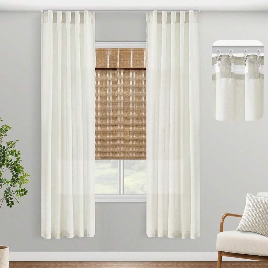 Coquette White Linen Bedroom Sheer Curtains 108 Inches Long, Back Tab Pleated Long Curtains, Elegant Modern Long White Curtains Living Room, 9 FT - 自然的 - 查看 1