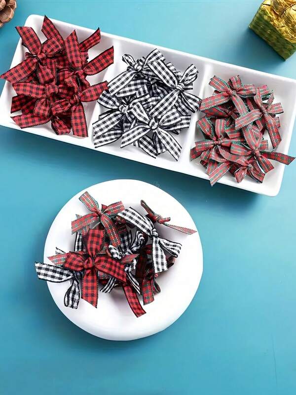 20pcs Christmas Bow Gift Pack - Classic Checkered Fabric Bows In Red & Black, Battery-Free Holiday Decorations For Xmas, New Year, Winter Festive Decor, Bows For Christmas Tree, Seasonal Home Accents, Crafted Decoration Pieces, Christmas Decor Home Decor Christmas Decorations Room Decor