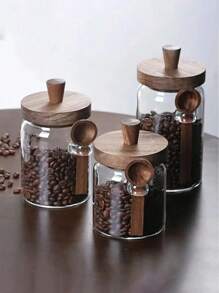 3 件套玻璃咖啡罐套装，玻璃食品储存罐带木盖和勺子，400ml/600ml/900ml 适用于食品、坚果、糖果、香料密封容器
