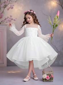 长袖亮片贴花薄纱优雅白色燕尾服公主裙，适合花童、婚礼、生日派对等场合，不含头饰 - 白色 - 查看 1