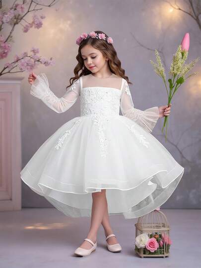 长袖亮片贴花薄纱优雅白色燕尾服公主裙，适合花童、婚礼、生日派对等场合，不含头饰