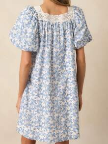 Women Summer Casual Floral Babydoll Mini Dress Square Neck Bubble Short Sleeve Loose Swing Short Party Dress - Màu xanh lam - Xem 5