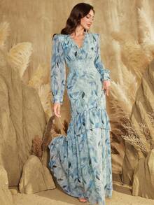 Đầm dài tay thanh lịch cổ chữ V in hoa ngẫu nhiên, viền ren, dành cho nữ, thích hợp cho kỳ nghỉ xuân. - Màu xanh Cadet - Xem 6