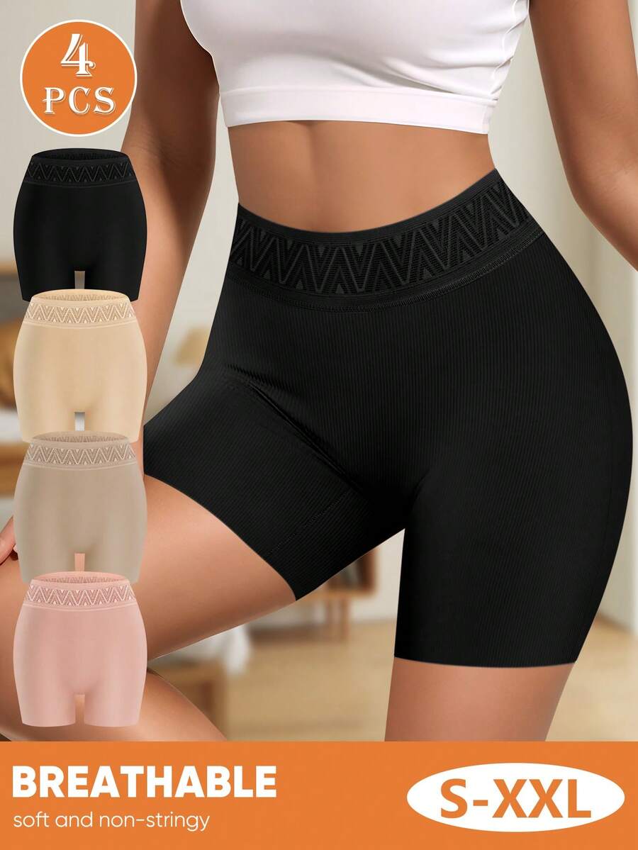 4pcs Women's Mid Waist Boxer Briefs, Elastic & Soft, Breathable, Seamless & Elegant Full Coverage, Anti-Lighting, Anti-Roll Edge - Multicolor - View 1