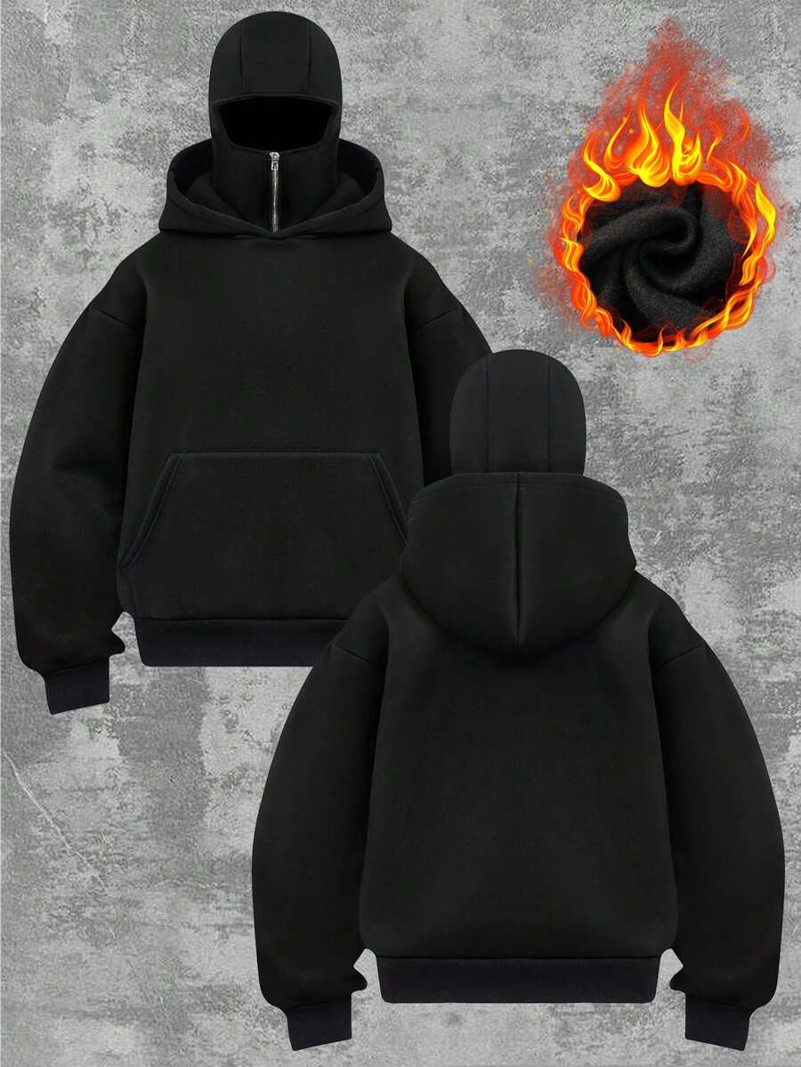 女士秋冬双层连帽套头卫衣，女士外套，女士秋冬服装，女士秋冬装，返校季女士拉链连帽卫衣，女士军装风双层连帽卫衣休闲黑色 - 黑色 - 查看 1