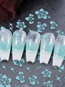 6 Pieces Of Spring And Summer Hibiscus Nail Art Stickers - White, Pink, Blue, Silver, Gold, Yellow Fresh Hibiscus Flower, Hibiscus Flower Art Design, 3D Flat Technology, Suitable For Women's Daily, Wedding, Holiday, Disposable Self-Adhesive Back Adhesive Nail Art Stickers, Simple, Light Luxury, Chinese Style Theme Style, Easy To Stick Nail Decoration Stickers