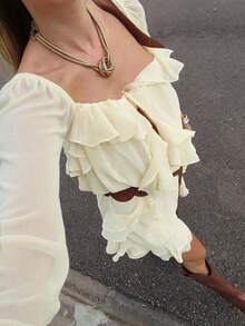 IGKEEL Solid Color Bohemian Style Chiffon Twist Ruffle Hem Long Sleeve Dress, Autumn/Winter - Apricot - View 3