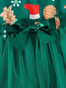 Vestido de bebé niña con volantes, estampado de muñeco de nieve y copos de nieve, patchwork de malla y cinturón para Navidad - Verde - Ver 5