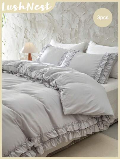 Juego de ropa de cama estilo granja boho con volantes en color gris liso, 3 piezas: 1 funda nórdica, 2 fundas de almohada. Hecho de microfibra suave, sin edredón, apropiado para habitaciones escolares de niños y niñas.