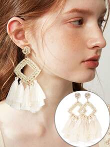 女士夹式耳环，藤条树脂亚克力吊坠耳环，轻盈几何藤条流苏耳环，耳环配饰 - 經典色 - 查看 9