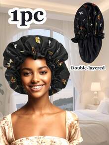1 件丝绸帽，女士睡眠用丝绸染色帽，弹性柔软的羊帽，透气且不褪色，可重复使用。（蝴蝶和豹纹印花风格的双层帽） - 1pc(多色) - 查看 3