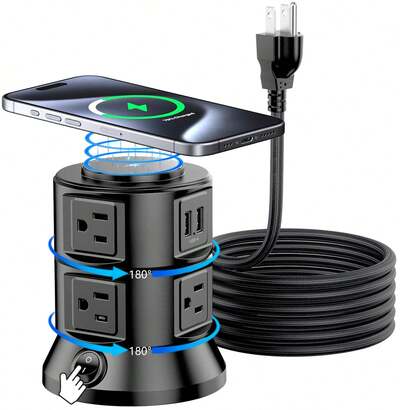 ZhiDa AK Upgraded Power Tower With 180 ° Rotatable Anti Surge Socket Upgrade PD18W/20W, Equipped With A 4.92-Foot Extension Cable, 6 AC Sockets, And (2 USB-A+2 USB-C) Charging Ports, Suitable For Home Offices, Dormitories, And Holiday Gift Essentials (Black)