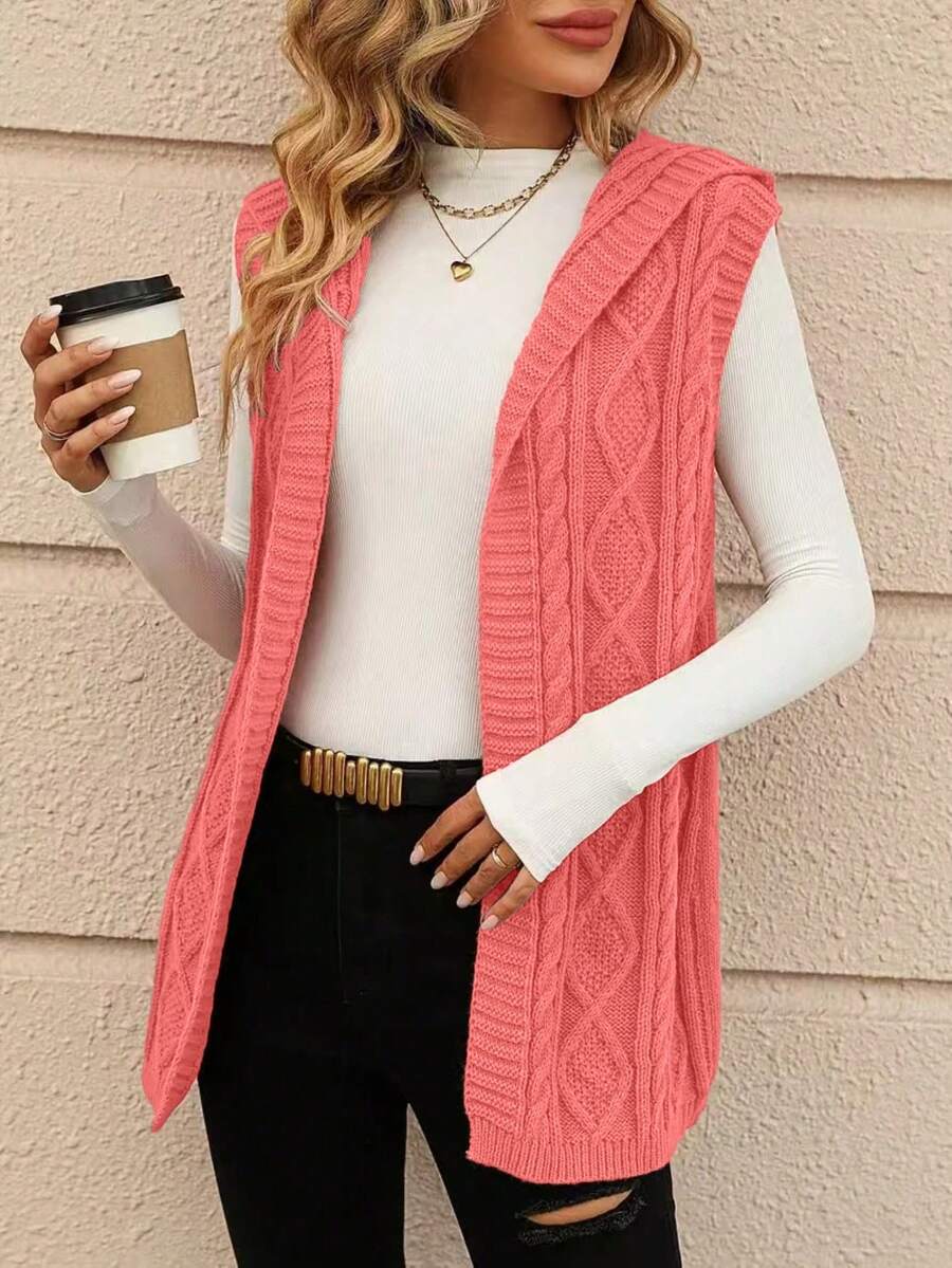 大码连帽前开纹理休闲宽松舒适无袖背心 - 西瓜粉 - 查看 1