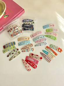 4个甜美简约印花BB夹，时尚可爱格子卡通发夹，适用于刘海和侧发，适合女性和学生，波点学院风，爪夹，发爪，发夹，发卡，发饰 - 亮色 - 查看 2