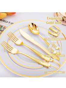 150pcs Gold Cutlery Set, 50pcs Spoons, 50pcs Forks, 50pcs Knives, Washable And Reusable, Suitable For Gatherings, Festivals, Birthdays, Parties, Kitchen And Dining, Weddings, Team Building, Outdoor Activities, Home Parties, Cakes, Salads, Etc.
