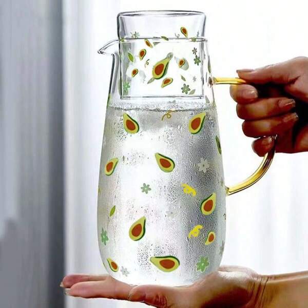 Waterkan met deksel / Beker en pot voor één persoon / Avocado-decals / Verwarmen toegestaan / Geschikt voor koelkast / Koudwaterketel / Creatieve waterkan, verbrandingsbestendig / Hittebestendig / Transparant / Stijlvol, Geschikt voor warme dranken zoals koffie / melk / sap / thee / water, Café / Feest / Restaurant / Keuken, Cadeau voor vrienden, familie en collega's
