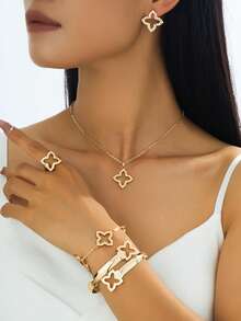 1 Set Women's Gold Jewelry Set Including 1 Necklace With Embossed Clover Pendant, 1 Pair Earrings, 1 Ring, 1 Bracelet, 1 Bangle - Yellow Gold - View 2