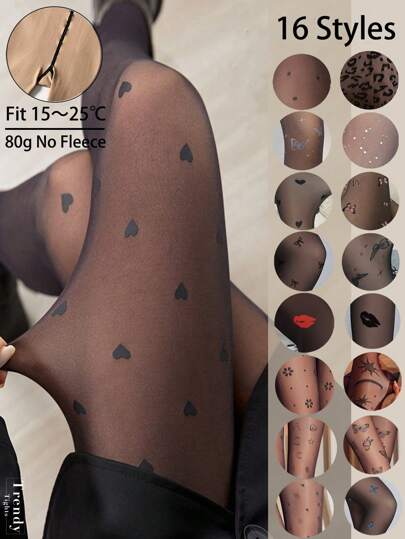1pc 80g Skin-Tight Pantyhose For Women, High Stretch Tights With Heart, Polka Dot, Leopard, Pink Butterfly, Star, Bow, Black Lip Patterns, Fashionable & Sexy Stockings Suitable For Halloween, Suitable Temperature 15~25°C, Autumn/Winter, E-Girl, Cozy