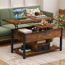 BALCONERA Rustic Brown Multi-Functional Lift-Top Coffee Table – Converts To Dining Table With Drawers & Hidden Storage, 90x47.8x47.5-61.7cm For Living Room - Coffee Brown - View 2