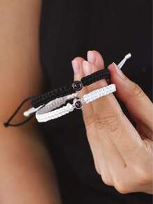 1pc Customized Black & White Braided Couple Bracelet | 4-Color Bead Customized Photo Projection Bracelet | Personalized Photo Couple Bracelet | Valentine's Day Photo Customized Memorial Gift | Gift For Girlfriend | Personalized Jewelry | Anniversary Gift | Wedding Anniversary Gift | Custom Color Photo Bracelet - vòng đeo tay chiếu - Xem 3