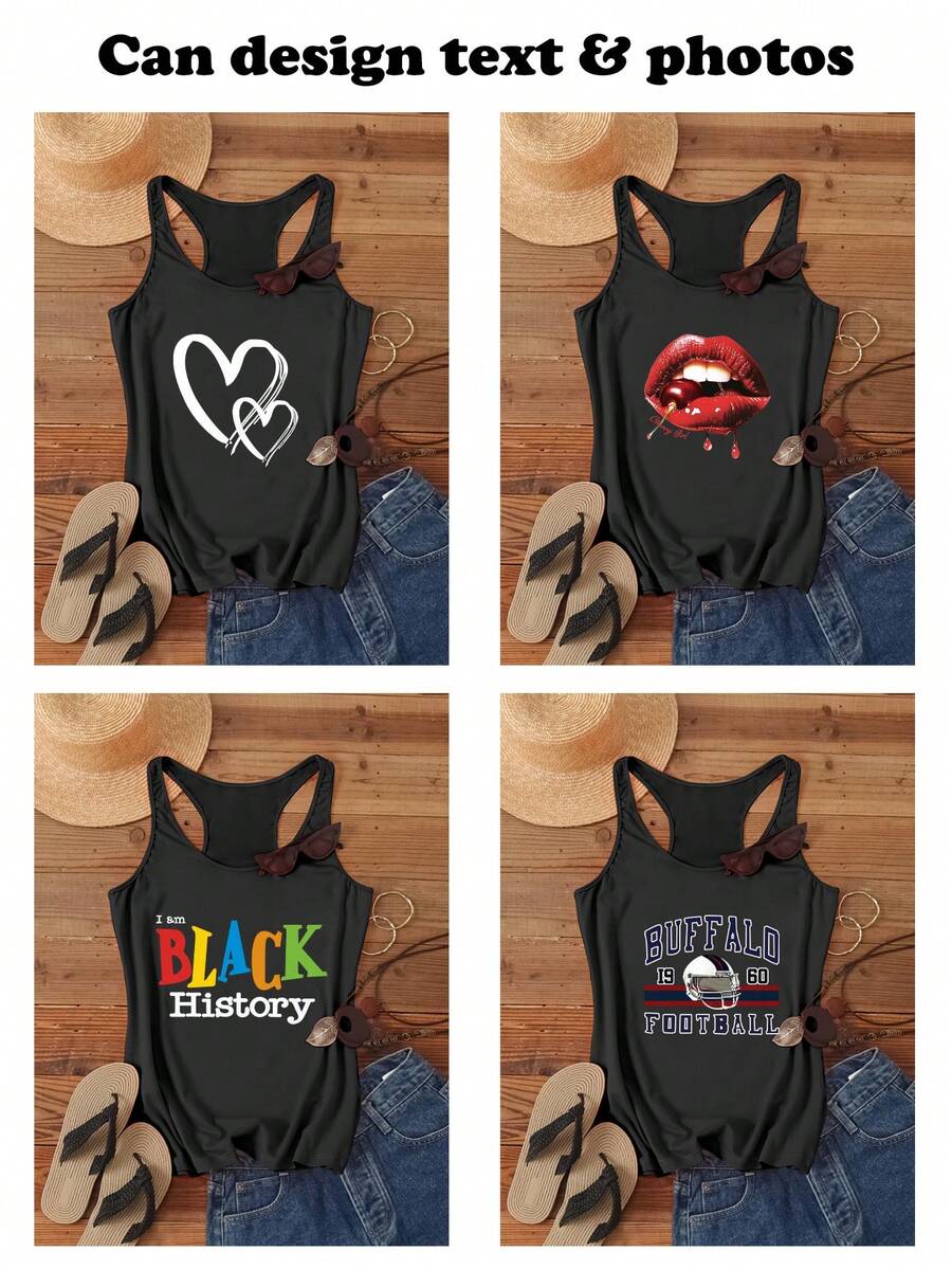 Customized Women's T-Shirt Tank Top For Summer, Y2K Style Casual Sleeveless Tee - Dark Grey - View 1