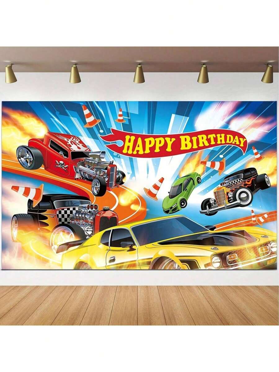 热门汽车生日派对装饰、热门赛车横幅、生日派对背景横幅、男孩生日用品、适合室内外生日派对装饰的赛车标志、背景布用品 - 彩色 - 查看 1
