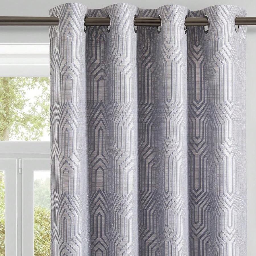 Beige And Black% Blackout Geometric Pattern Curtains, 52 Inch Wide 96 Inches Long 2 Panels, Thermal Insulated Noise Reducing Anti-Rust Grommet Drapes Bedroom Living Room,, Modern Style, Energy-Efficient - 灰藍色和銀色 - 查看 1