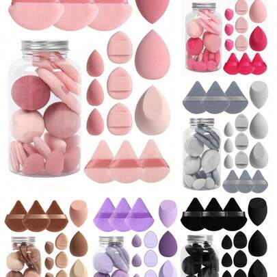 15件套化妆海绵套装，含收纳罐，包括3个普通化妆海绵、3个迷你化妆海绵、3个粉扑、3个迷你粉扑和3个迷你指套气垫粉扑。采用超柔软天鹅绒材质，打造无瑕妆容，适用于膏状和粉状产品。适合作为赠品、旅行用品、平价好物，是旅行必备佳品。