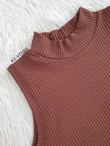 Cropped Gola Alta Feminino Canelada top Regata casual Feminina Slim fit basico - Marrom - Visão 3