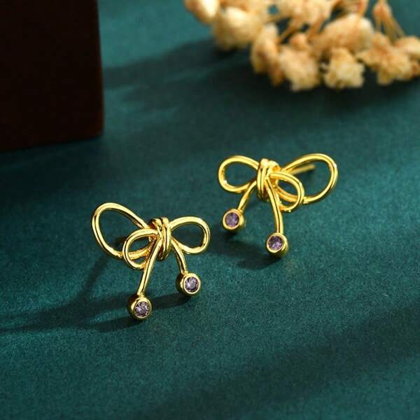 1 Pair Cute Gold Plated Copper Bow Earrings, Simple Elegant Zirconia Earring Jewelry For Women, Suitable For Webbing Dress, Festivals, Parties Wear