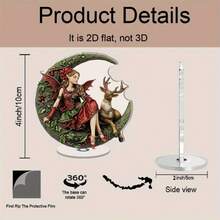 2D Flat, 1pc Rotating Acrylic Decor - Christmas Elf On Crescent Moon With Wing, Reindeer And Holly Pattern Details, Vibrant Colors, For Holiday Display, Festive Gatherings, All Season Home Decor (Bedroom, Kitchen, Living Room)
